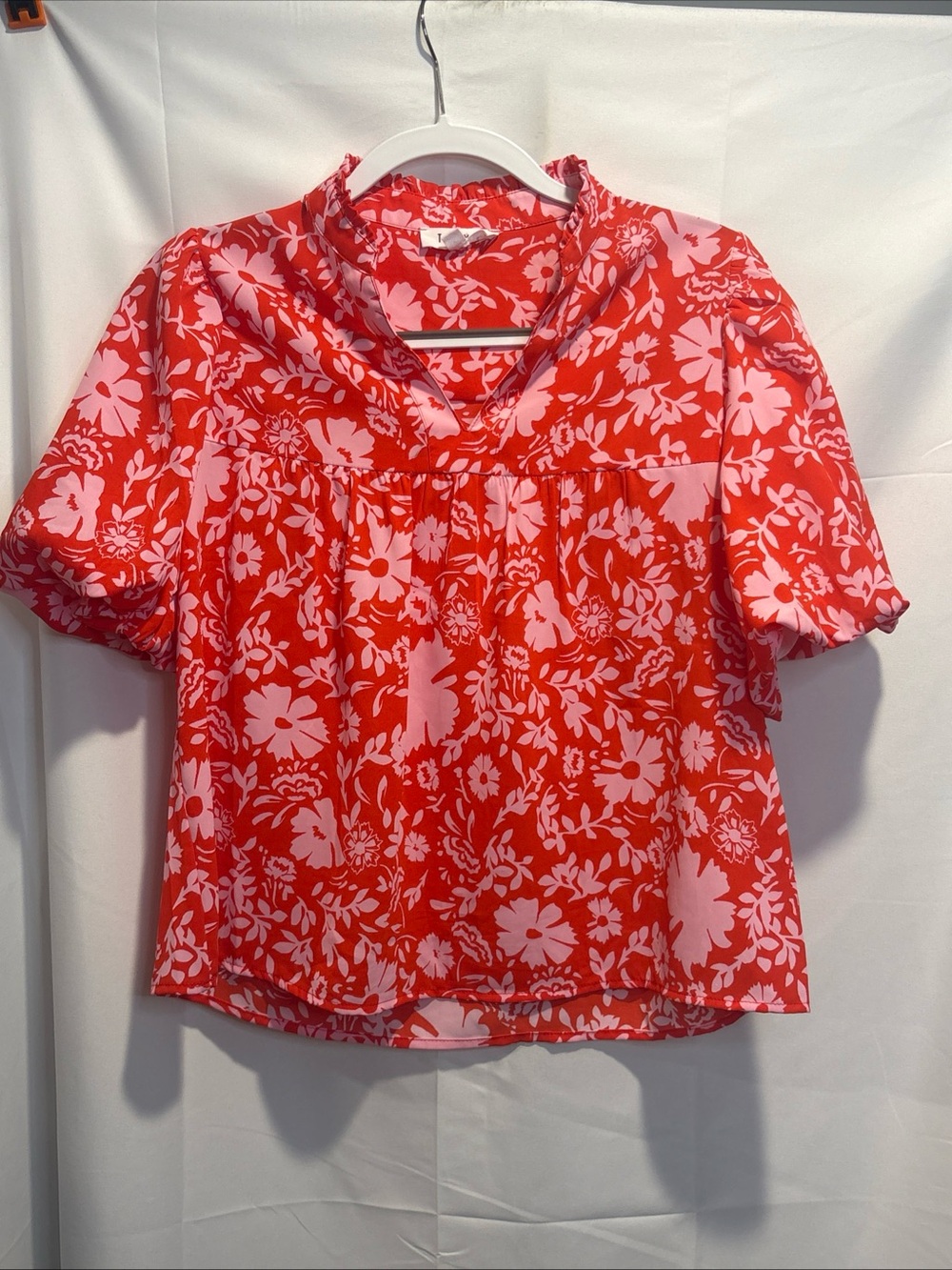 THML Red and Pink Floral Ruffle Neck Short Sleeve Blouse